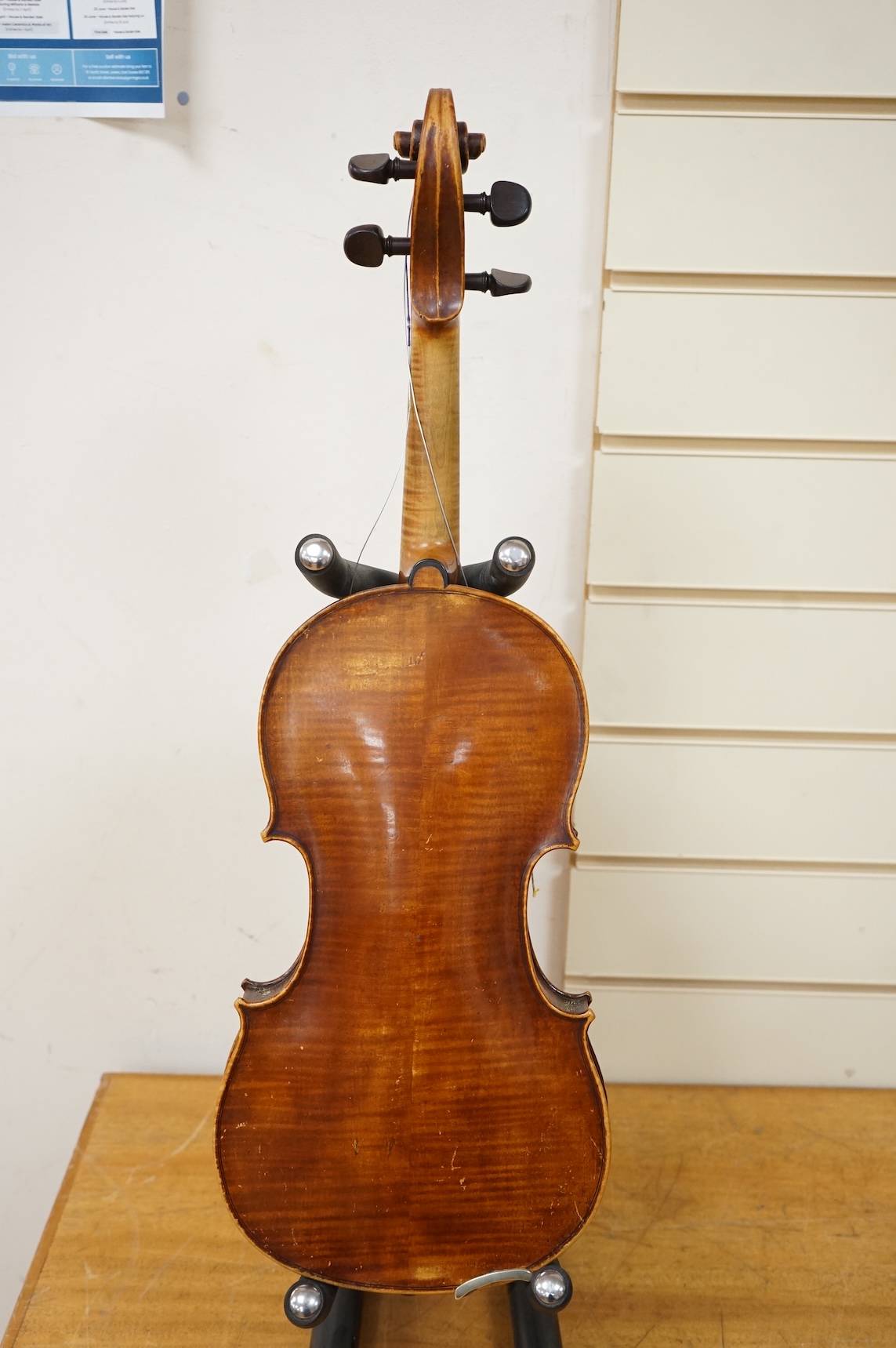 An 18th century violin after Klotz school, 36cm body, with a well cut scroll and an Hill reference number (1191) to the bottom end of the fingerboard, in a Rushworth and Draper case.